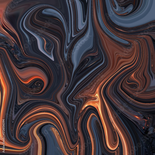 Dark abstract swirl of black, blue, and orange tones, modern fluid design resembling marble fire flow, perfect for dramatic backgrounds. Golden keywords: abstract, swirl, fire, marble, design.