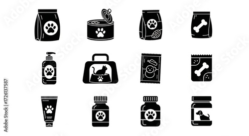 pet care product icons including food, treats, and grooming items in a modern, minimalist style