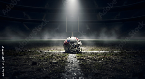 Lone Helmet:  An American football helmet rests solemnly on the field of play, beneath the stadium spotlights, a dramatic depiction of the sport's grit.