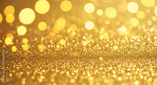Glittering Golden Abstract Background: Sparkling golden bokeh, a symphony of light and shimmer, creates a luxurious and festive background, perfect for evoking elegance and celebration.