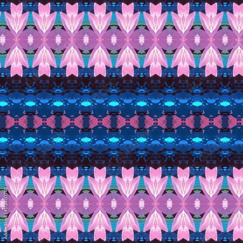 Geometric seamless pattern in pink and blue, combining symmetry and modern digital art, suitable for textiles, wallpapers, or creative backgrounds.