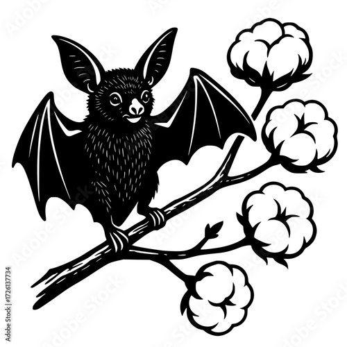 Vector silhouette, bat on cotton tree