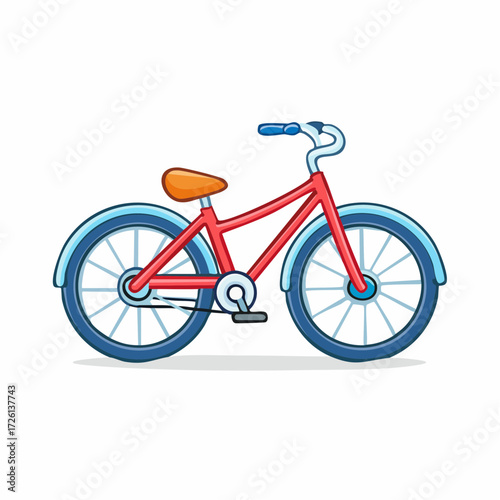 Illustration of a red bicycle with blue fenders and handlebars on a white isolated background view