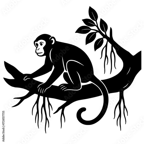 Vector silhouette, monkey on banyan tree