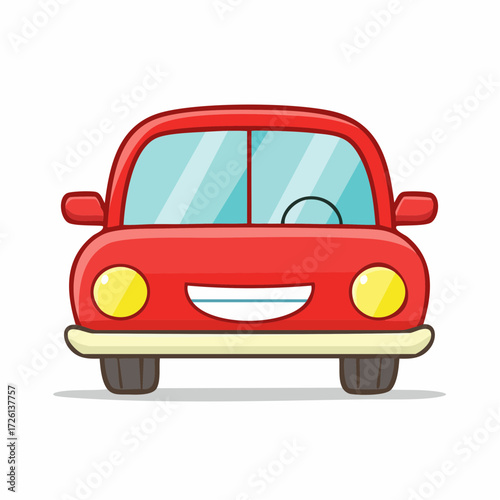 Illustration of a cheerful red cartoon car with a smiling bumper and bright yellow headlights design