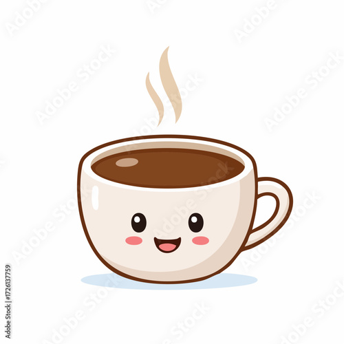 A cute cartoon coffee cup with a smiling face and steam rising from the hot beverage inside the mug