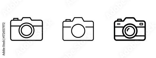 Three black line art camera icons with lenses isolated on a white background