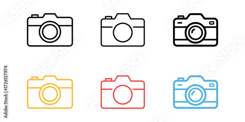 Various camera outline icons set in black, gold, red, and blue on white background