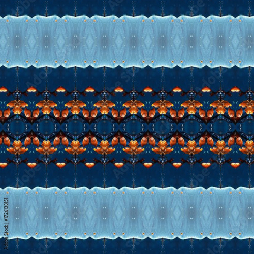 Kaleidoscopic abstract pattern in blue and orange tones, creating symmetry and repetition. Ideal for abstract, kaleidoscope, symmetry, pattern, and art concepts.