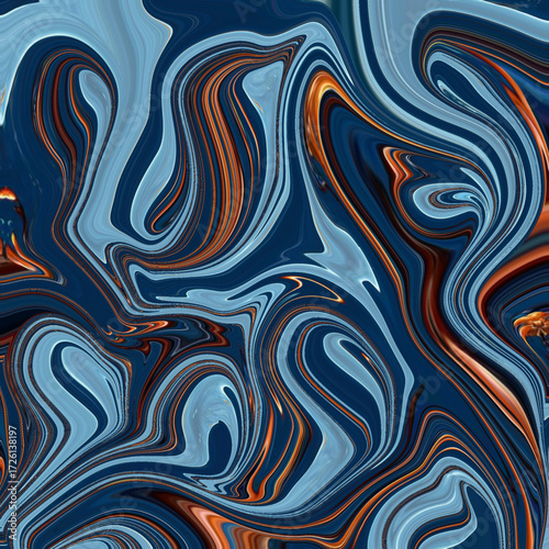 Fluid abstract swirl of deep blue, orange, and silver tones. A dynamic flow of abstract, swirl, fluid, design, and energy for modern digital art.