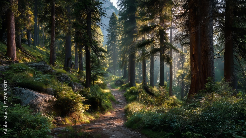Fototapeta premium Serene Forest Path bathed in Morning Light with Lush Greenery and Tall Trees