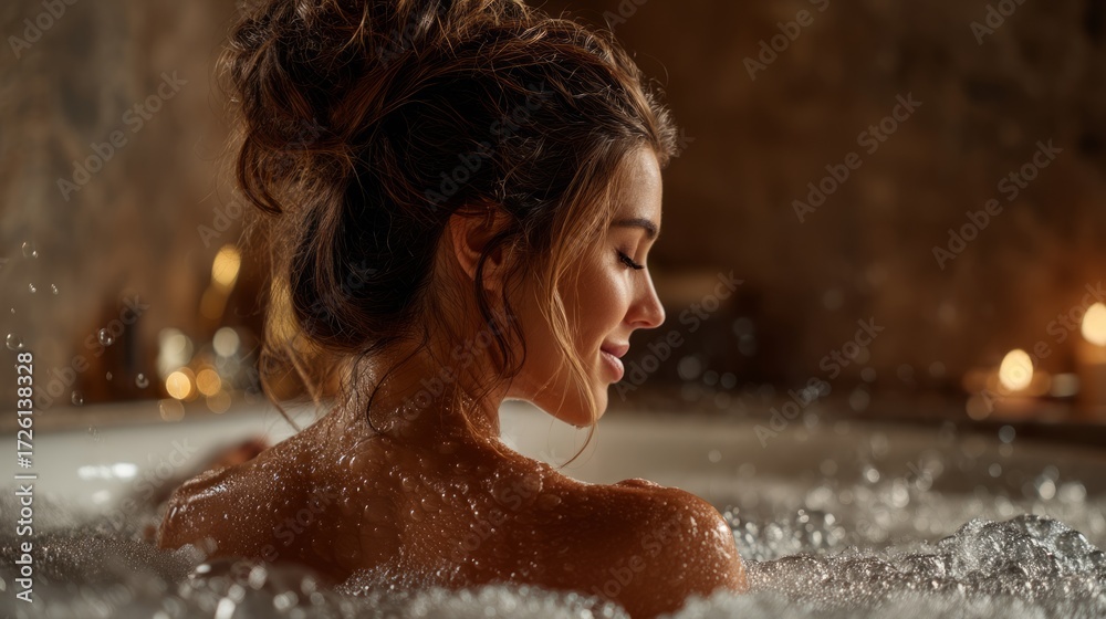 Obraz premium Serene Beauty in Bathtub with Soft Light and Water Bubbles in Relaxing Setting