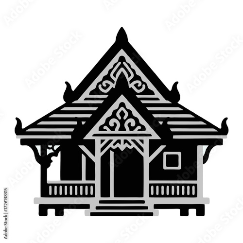 Black and white vector illustration of a traditional stilt house. Plain white background.