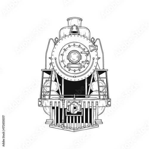 Black and white vector illustration of a locomotive train. Front view. Plain white background.