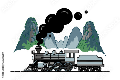 vector illustration of a locomotive train with smoke coming out of its chimney passing through the karst mountains of China. Plain white background.