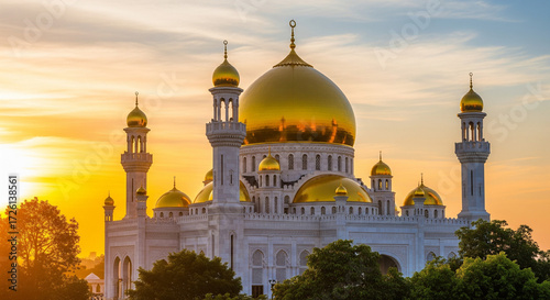 Majestic White Mosque with Golden Domes Bathed in Sunset Light
A stunning, eye-level shot of a beautiful modern mosque featuring brilliant white stone architecture and multiple shining golden domes 
