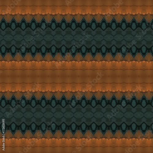 Abstract seamless brown and green geometric pattern with symmetry design. Perfect for backgrounds, textiles, and digital art projects. Golden keywords included.