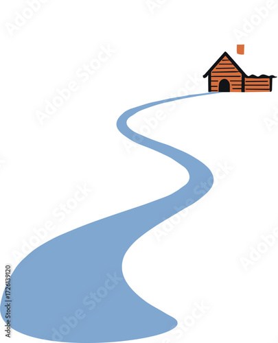 House beside a winding road in a flat style with outline, transparent background  