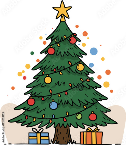 Christmas tree decorated with colorful ornaments and gifts underneath in festive style  