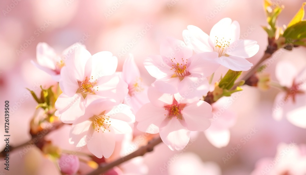 Obraz premium Close-up of delicate pink blossoms on a tree branch, soft, blurred background