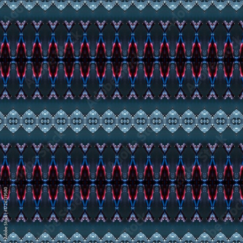Decorative geometric textile pattern with dark tones and symmetrical design, creating stylish and modern fabric or digital background effect.