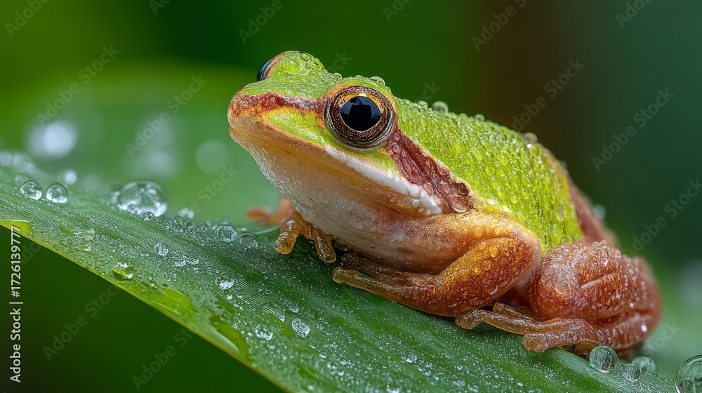 Obraz premium Close-up of Colorful Green Frog on Leaf with Dewdrops in Natural Habitat