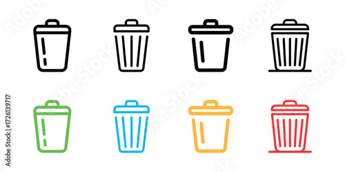 Illustration of trash bin icon set in various styles and colors on white background