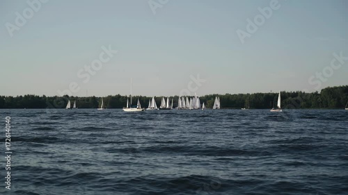 Cool yachts sail on the surface of the lake. A timelapse of relaxing on the water on a sunny day.