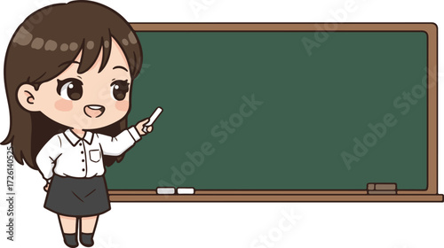 Female teacher pointing at blackboard classroom illustration. World Teachers Day