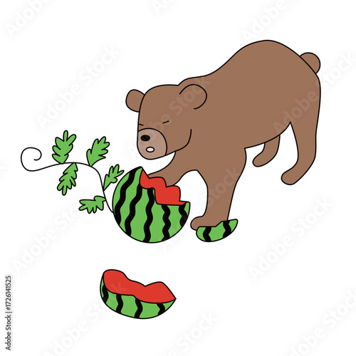 スイカ畑を荒らすクマのイラスト