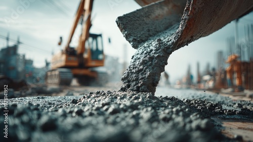 Construction Site Pouring Concrete in Urban Environment with Heavy Machinery