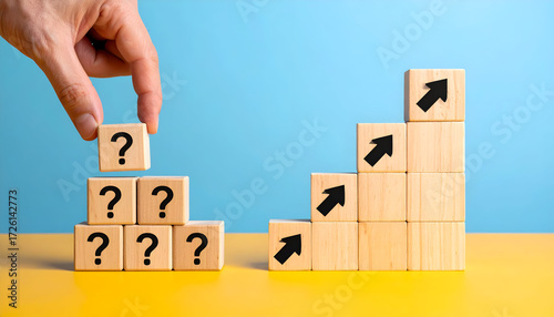Business and life decisions concept with blocks symbolizing doubt, progress, and solutions.
