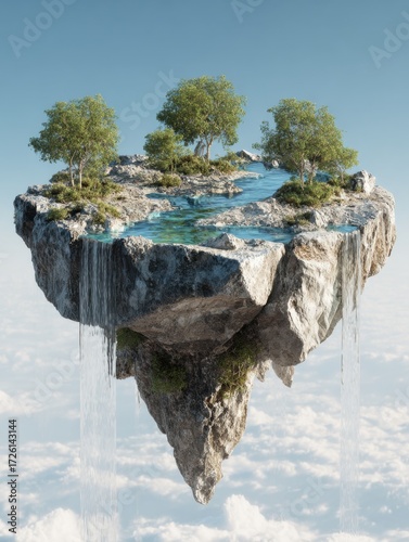 Floating Island With Lush Trees and Cascading Waterfalls Above the Clouds