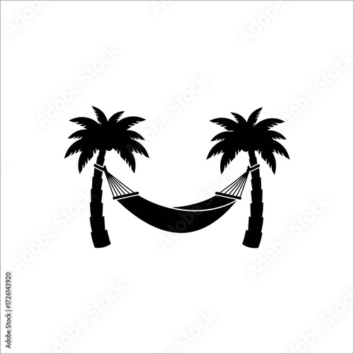 Hammock sways gently between two palm trees on a tropical beach, creating a serene and relaxing vacation scene.