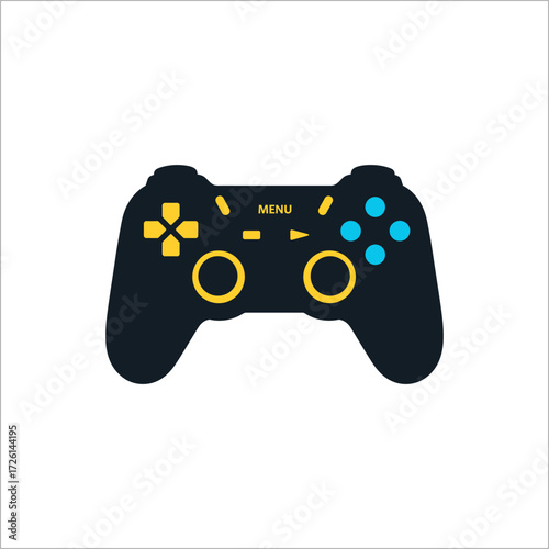 Black gamepad with yellow and blue buttons representing gaming console on white backdrop, symbolizing modern entertainment and digital leisure.