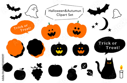 ハッピーハロウィーン_手描きイラストセット_秋冬フルーツシルエットつき_ベクター｜Happy Halloween_Hand-Drawn Illustration Set_With Autumn/Winter Fruit Silhouettes_Vector