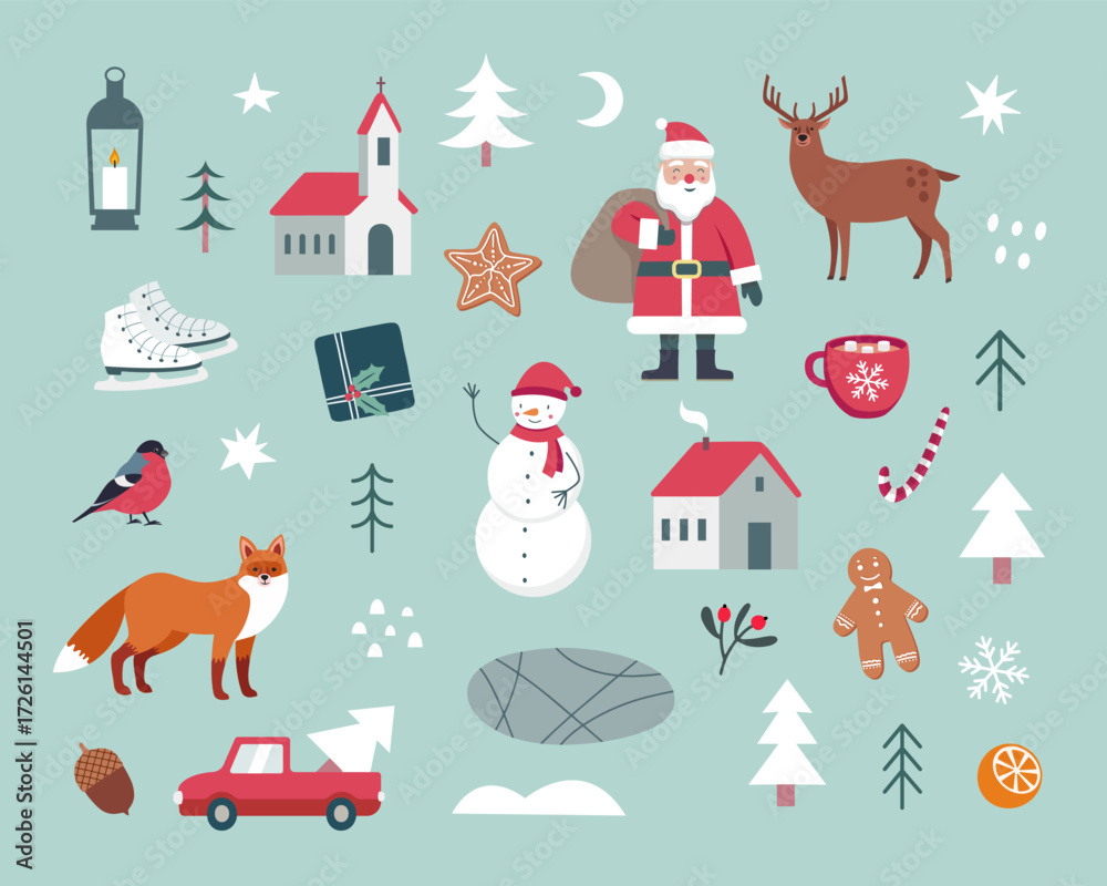 Fototapeta premium Christmas and New Year cute symbols set. Santa Claus, reindeer, candy, gift, cars, house, bullfinch, fox, deer, Christmas tree, snowman, hot chocolate, cake, champagne, houses etc. Vector illustration