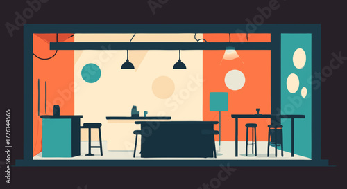 Cozy Restaurant Interior: A stylized depiction of a charming restaurant interior, inviting warmth and a sense of contemporary design, minimalist aesthetics.
