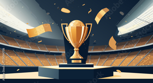 Stadium Award: A majestic golden trophy stands proudly on a pedestal in an impressive stadium, representing victory and success in a contest. Surrounded by confetti.