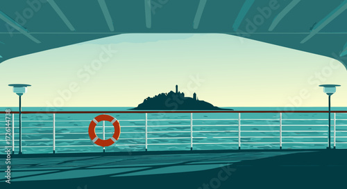 Serene Ocean Vista: A tranquil scene unfolds with the railing of a ship overlooking the vast ocean. The image evokes a sense of peace, with the open sea stretching towards a distant island.