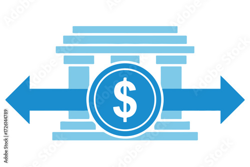 Bank building with dollar coin and arrows indicating financial flow isolated on Transparent Background