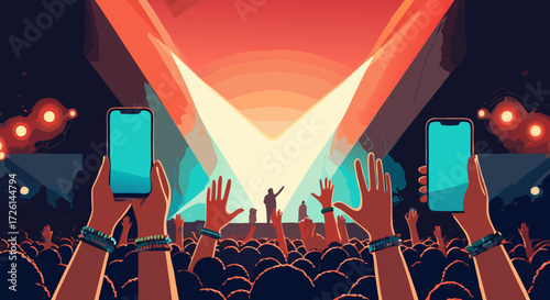 Capturing the Moment: A vibrant concert scene with raised hands holding smartphones, all illuminated by dynamic stage lighting