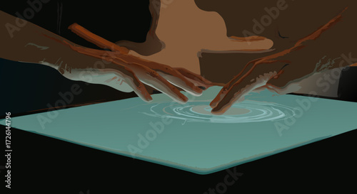 Tech interaction: A person's hands interacting with a futuristic interactive touchscreen interface, creating a scene of cutting-edge technology and user experience.