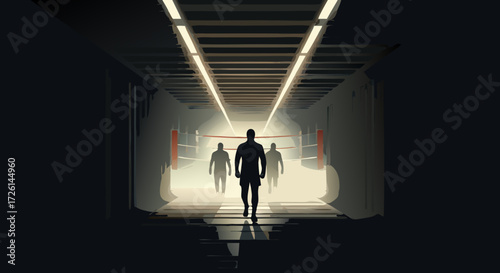 Silhouette of Purpose: A dark, intriguing scene depicts three figures walking towards a bright light at the end of a corridor. The shadows and light create a sense of mystery, ambition.