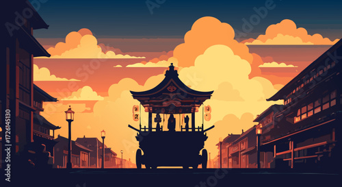 Silhouette of a Cultural Event: A vibrant illustration captures the essence of a cultural event, showcasing a traditional procession with a distinctive structure illuminated by the warm sunset.