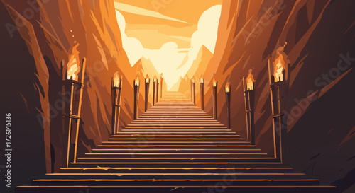 Golden Pathway to the Heavens: Journey upwards in this enchanting scene, where a stairway to the heavens is illuminated by a row of glowing torches, framed by majestic mountain peaks.
