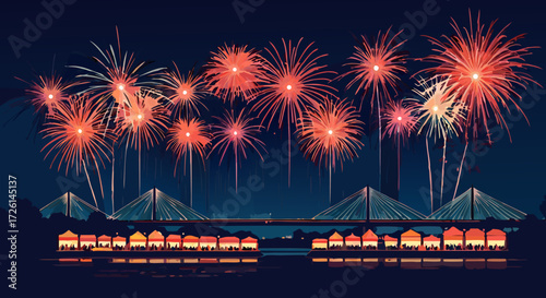 Fiery Sky Festival: A dazzling display of vibrant fireworks illuminates the night sky above the city skyline, creating a stunning visual symphony of light and color.