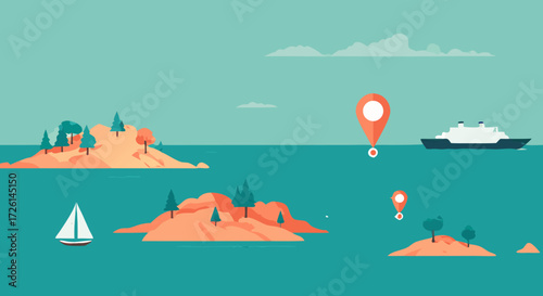 Navigational Landscape: A serene landscape depicting an oceanic journey, where islands and vessels coexist with navigation markers, presenting a sense of exploration.