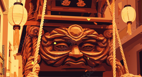 Festive Lanterns and Wooden Ornament: The ornate wooden carving of a face, adorned with intricate details, welcomes viewers into a scene of celebration, with glowing lanterns casting a warm.