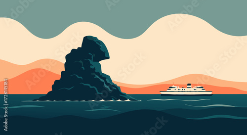 Seascape Silhouette: A stylized digital art piece showcasing a ferry boat traversing the tranquil ocean. A large rocky island stands prominent in the frame